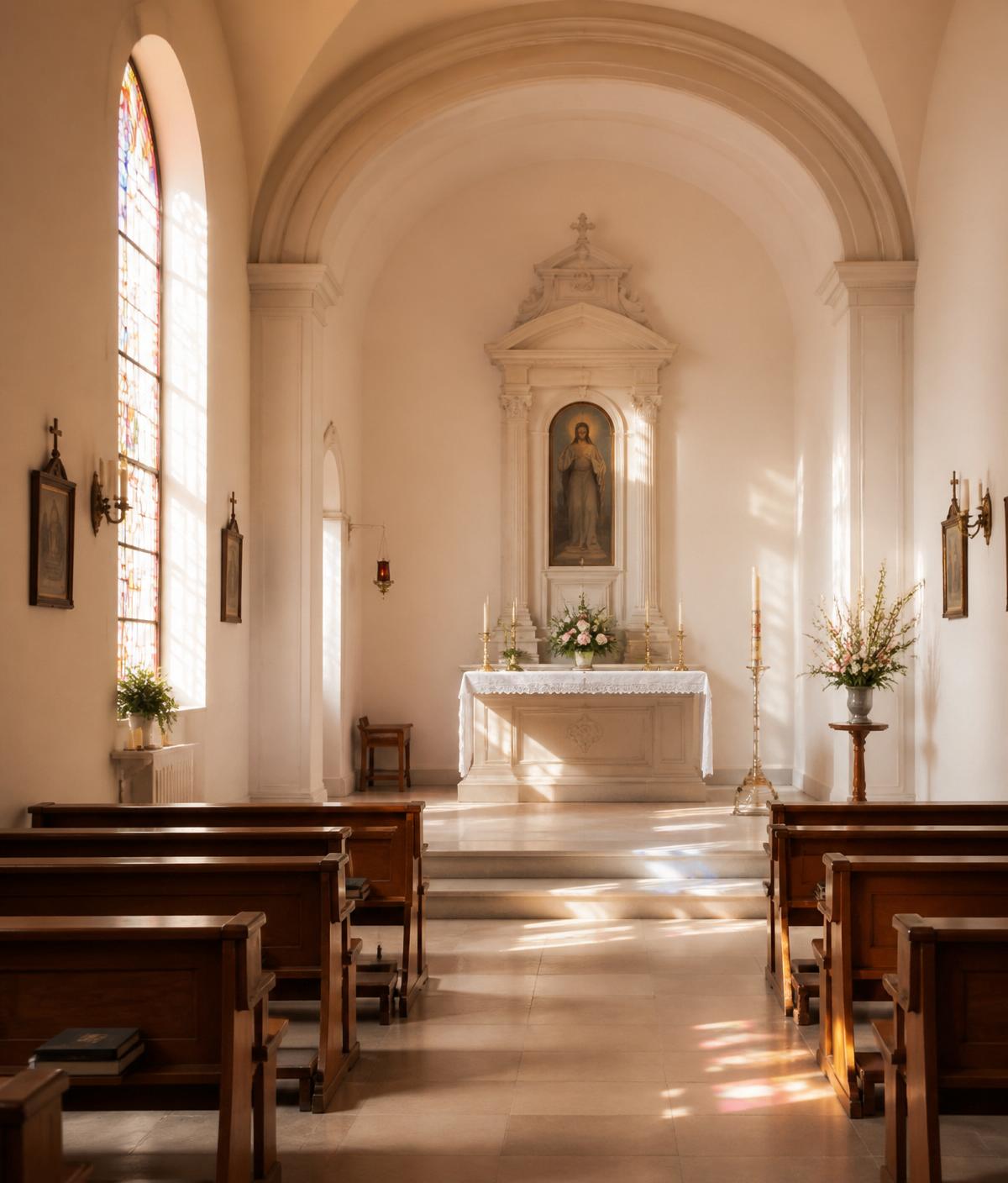 Serene chapel interior with soft light